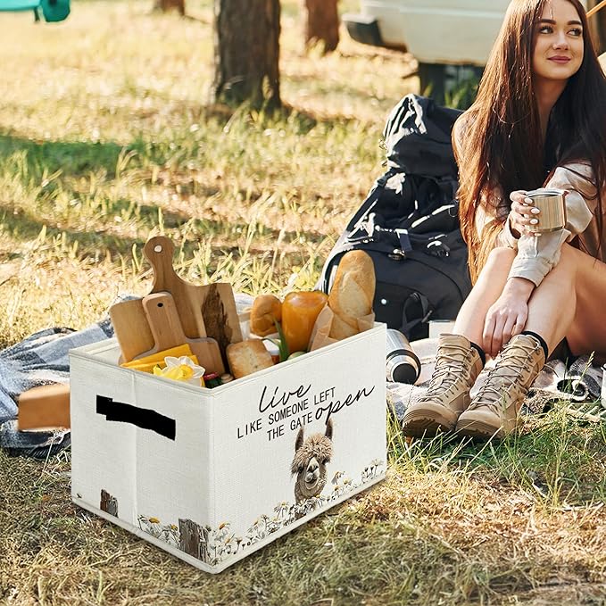 Rustic Alpaca Storage Bins & Boxes with Handles, Farmhouse Alpaca Foldable Basket for Organizing, Live Like Someone Left the 