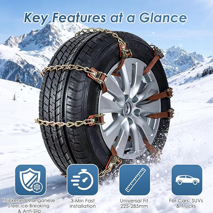 Snow Chains, 8 Packs Anti Slip Tire Chains, Pickup, Truck & SUV, Adjustable Thickening Reusable Anti-Slip Traction Tire Chain