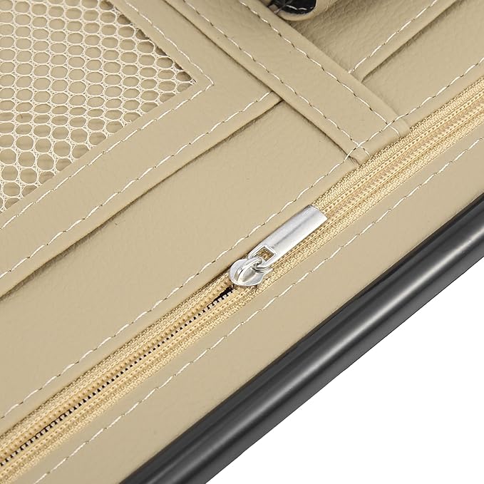 X AUTOHAUX Beige Universal Car Sun Visor Organizer Sunglasses Case Storage Pocket Hook and Loop Tape ABS PU Leather for SUV RV Truck