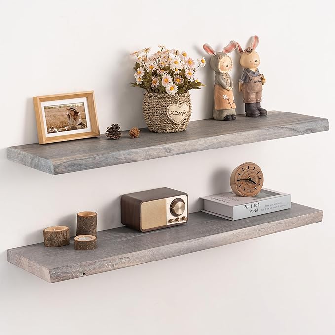 Live Edge Floating Shelves Set of 2, 36 Inch Solid Elm Wood Wall Shelves - Invisible Bracket Mount for Living Room, Bedroom, 