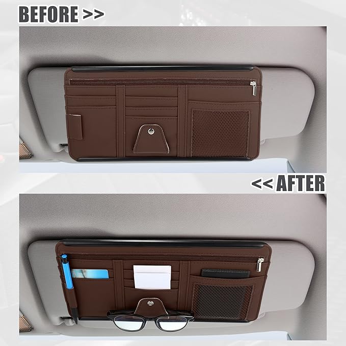 X AUTOHAUX PU Leather Car Sun Visor Organizer Glasses Holder Auto Accessories Pocket Organizer with Panel Back Brown