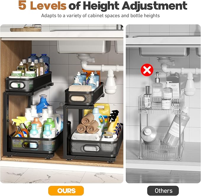 2 Pack 17.3IN-Depth Under Sink Organizer with Smooth Cylindrical Rail,2-Tier Pull Out Multi-Purpose Cabinet Storage for Bathr