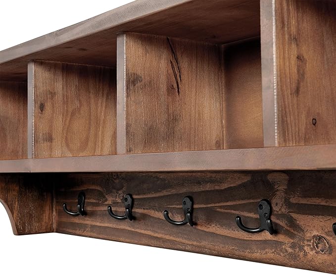 Alaterre Furniture Pomona Entryway Organizer – Rustic Farmhouse 48-Inch Wall-Mounted Coat Rack with 6 Double Hooks & 4 Open C