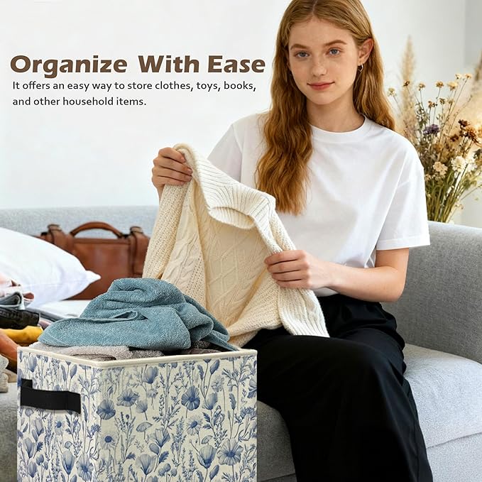 Blue and White Floral Storage Box Bins, Chinoiserie Flower Botanical Collapsible Storage Basket Organizer for Bedroom Laundry