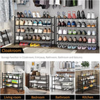Long Shoe Rack, 4-Tier Bamboo Stackable Shoe Shelf Storage Organizer, Shoe Stand for Closet, Entryway and Hallway(Black)