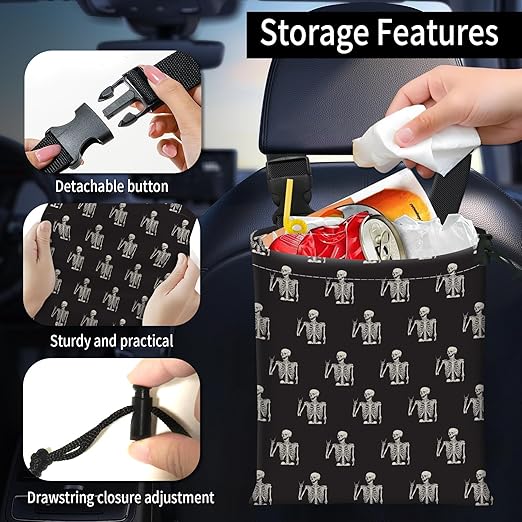 Car Trash Bag Large Hanging Can for Back of Seat, Cute Waterproof Car Garbage Bag for Vehicle, Travelling, Outdoor Cool Skull Human