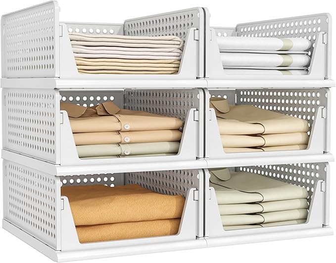 Pinkpum 6 Pack Closet Organizers Storage Bins, Stackable Plastic Drawer Basket for Clothing, Stackable Storage Bins Shelf Sto