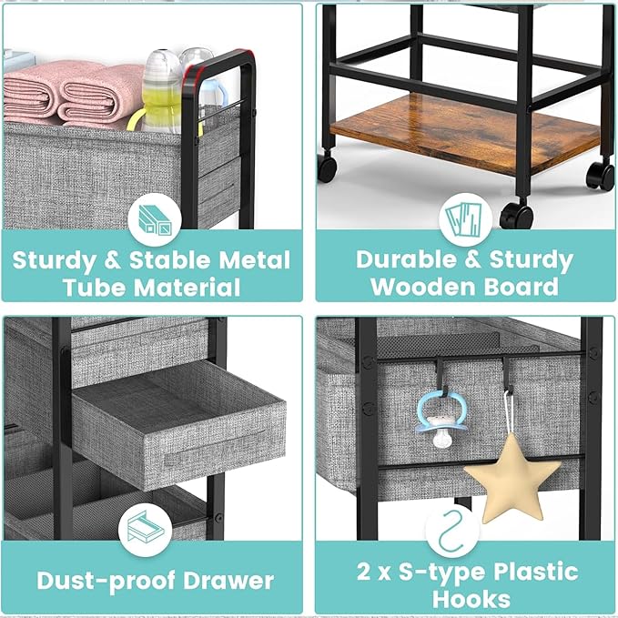 LIDTOP 2In1 Baby Diaper Caddy & 4-Tier Rolling Diaper Cart, Diaper Caddy Organizer Cart with Dividers & Drawer, Mobile Metal 