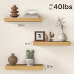 Fun Memories 12 Inch Deep Oak Floating Shelf, 24 x 12 Rustic Wood Wall Shelf for Books, 2" Thick Deep Floating Shelf for Stor