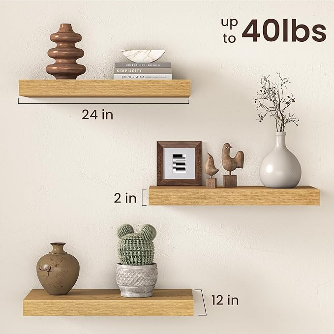 Fun Memories 12 Inch Deep Oak Floating Shelf, 24 x 12 Rustic Wood Wall Shelf for Books, 2" Thick Deep Floating Shelf for Stor