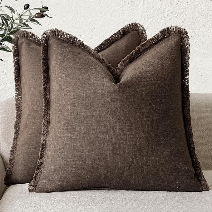 Foindtower Set of 2 Decorative Linen Fringe Throw Pillow Covers Boho Farmhouse Cushion Cover with Tassels Soft Accent Pillowc