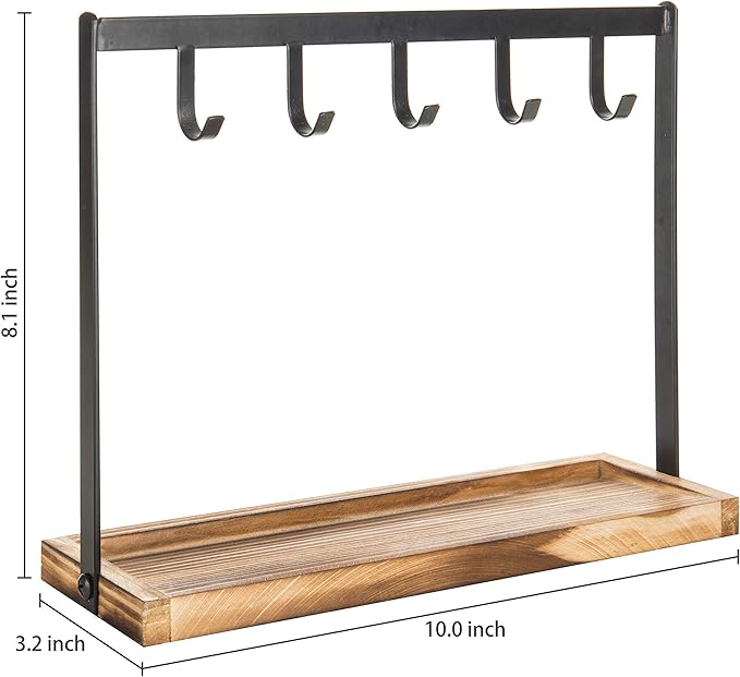 MyGift Black Metal Entryway Key Holder with 5 Hooks and Burnt Wood Base, Tabletop Necklace and Jewelry Organizer Rack with Ri