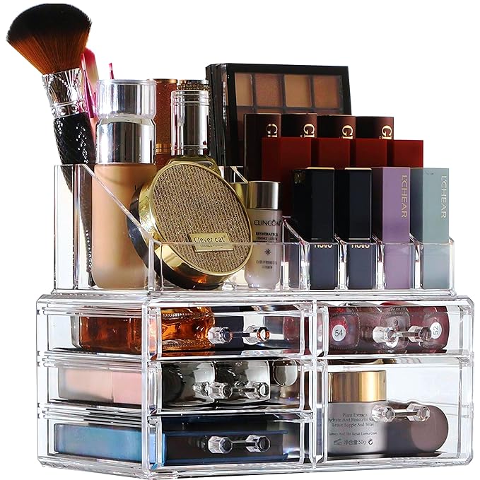 Cq acrylic 2 Pack Clear Makeup Storage Organizer,Stackable 5 Drawers Make up Organizers,Cute Desk Organizer for Vanity Jewelr