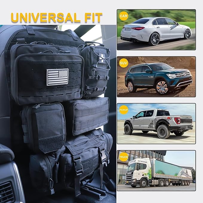 Universal Tactical Car Seat Back Organizer Bag Tactical Molle Vehicle Organizers Panel Vehicle Protector Organizers with 5 Detachable Pouches for Car (Upgraded C Black)