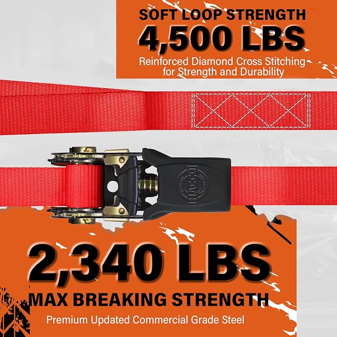 Ratchet Tie Down Straps, 2340lb Break Strength, 4pc 1inch x 16FT Ratchet Strap Set with Padded Handles & Coated S Hook W/Safety Clip, Cargo Strap Tie-Down for Motorcycle, Truck (Red)