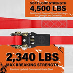 Ratchet Tie Down Straps, 2340lb Break Strength, 4pc 1inch x 16FT Ratchet Strap Set with Padded Handles & Coated S Hook W/Safety Clip, Cargo Strap Tie-Down for Motorcycle, Truck (Red)