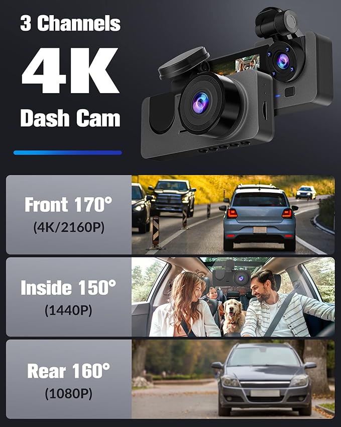 Dash Camera for Cars,4K Full UHD Car Camera Front Rear with 32GB Card,Built-in Super Night Vision,2.0'' IPS Screen,170°Wide A