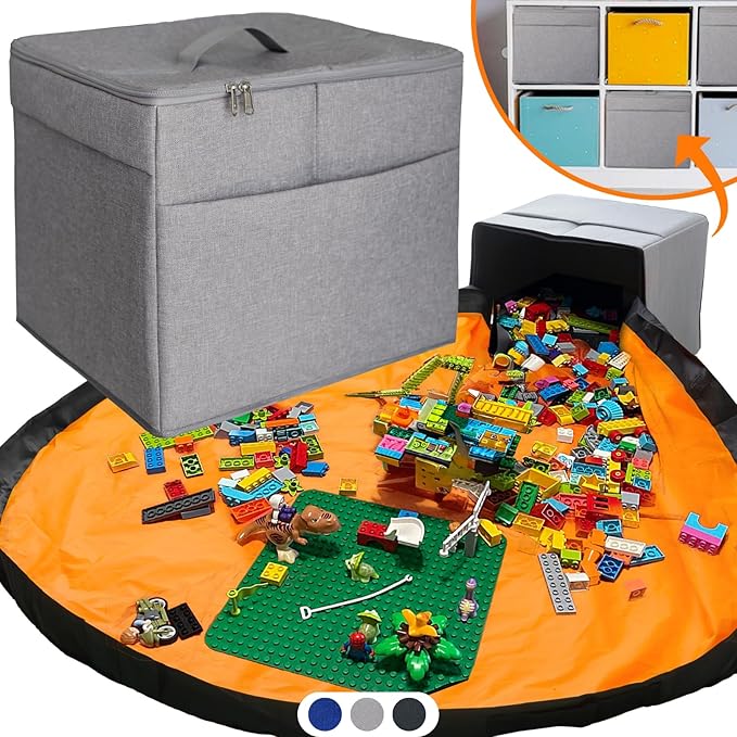 XL Toy Storage Organizer with Play Mat - Storage Bag/Box for Kids, Boys, Girls, Nursery, Playroom - Basket for Building Brick