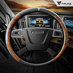 18-Inch Genuine Leather Steering Wheel Cover for Semi Trucks – Wood Grain Imitation Finish, Heavy-Duty Non-Slip Grip, Durable and Comfortable Interior Upgrade
