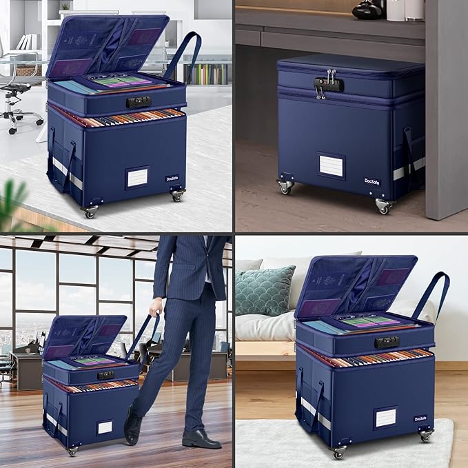 DocSafe File Box with Lock, 2-Layer Fireproof Document Box with Wheels,Collapsible File Storage Organizer with Pockets,Large 