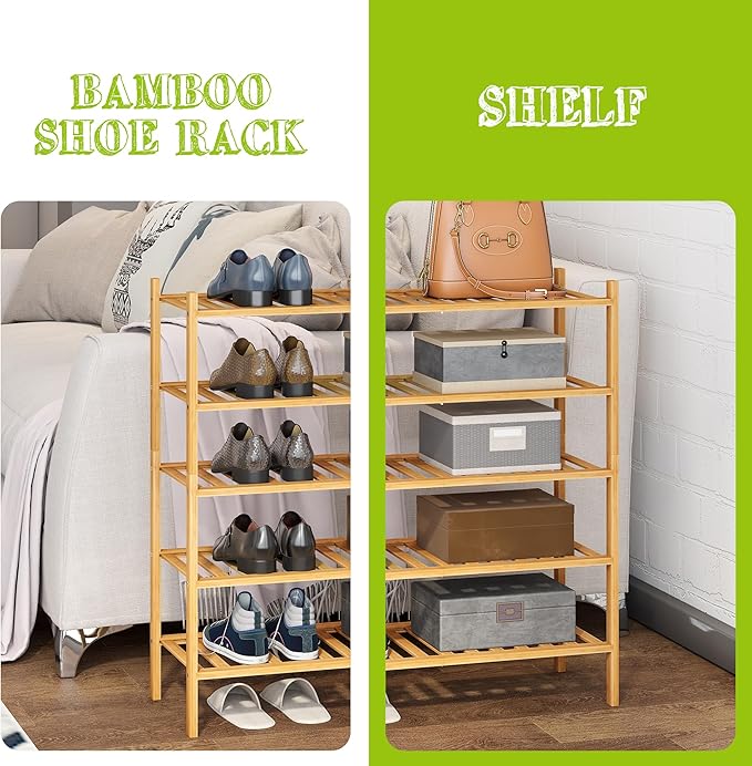 BMOSU 5-Tier Bamboo Shoe Rack Premium Stackable Shoe Shelf Storage Organizer for Hallway Closet Living Room Entryway Organize
