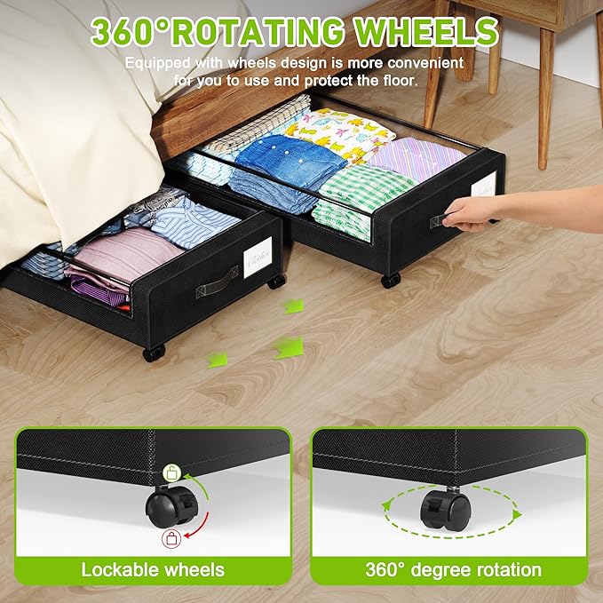 Under Bed Storage with Wheels, XXL 60L Under the Bed Storage Bins, Underbed Storage Containers with Lids & Label, Rolling Met