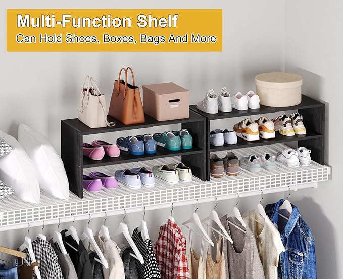 Black Shoe Rack Organizer for Closet, 2-Tier Expandable Shoe Shelf, Stackable Iron Wood Combination Small Shoe Racks Shelves 
