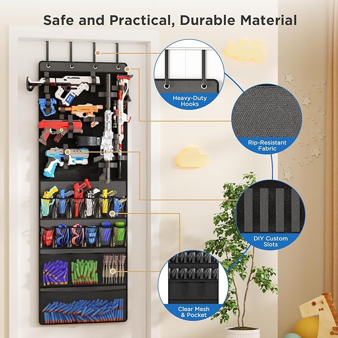 Mefirt Over The Door Organizer for Toy Guns, Toys Storage Door Hanger with Pockets and Slots for Kids Foam Blasters, Darts, G