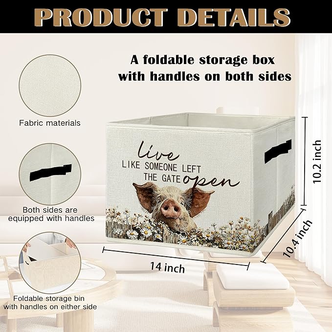 Rustic Pig Storage Bins & Boxes with Handles, Farmhouse Pig Foldable Basket for Organizing, Live Like Someone Left the Gate O