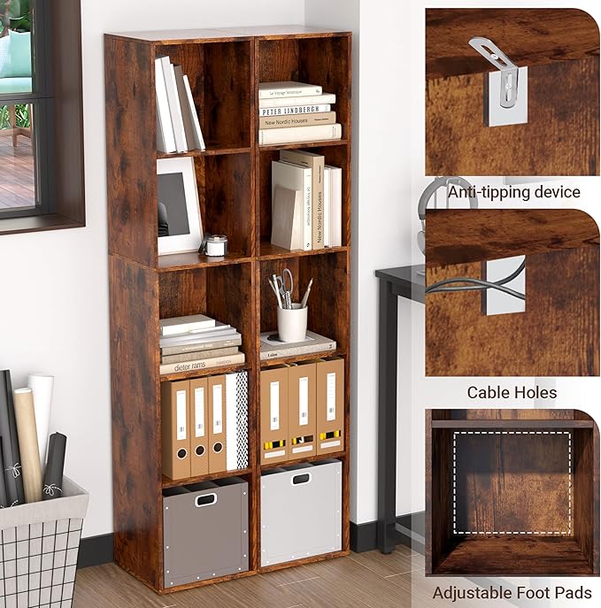 Cube Storage Organizer, 5 Cube Retro Bookshelf, Freestanding 5 Tier Open Shelf, Rustic Brown Retro Shelves for Home Office, B