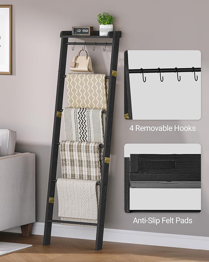Hzuaneri Blanket Ladder Shelf, Decorative Quilt Rack, 7-Tier Farmhouse Ladder Holder Organizer with 4 Removable Hooks 7.9" D 