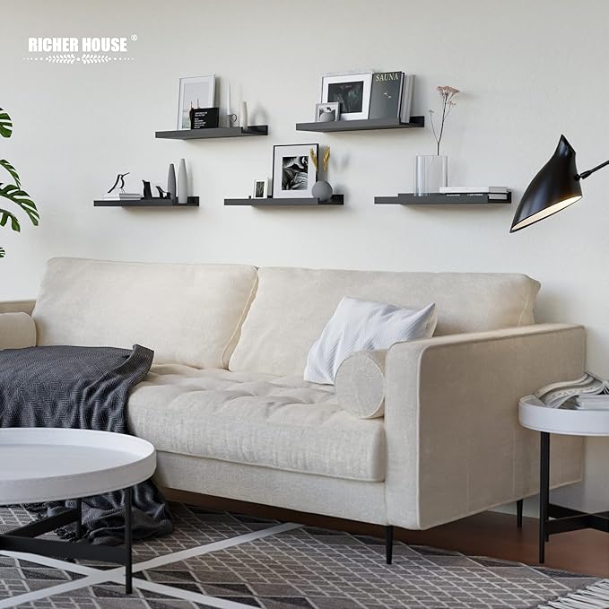 RICHER HOUSE 5 Set Floating Wall Mounted Shelves, Black Shelves for Wall Decor, Modern Picture Ledge Shelf with Lip for Stora