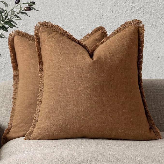 Foindtower Set of 2 Decorative Linen Fringe Throw Pillow Covers Boho Farmhouse Cushion Cover with Tassels Soft Accent Pillowc