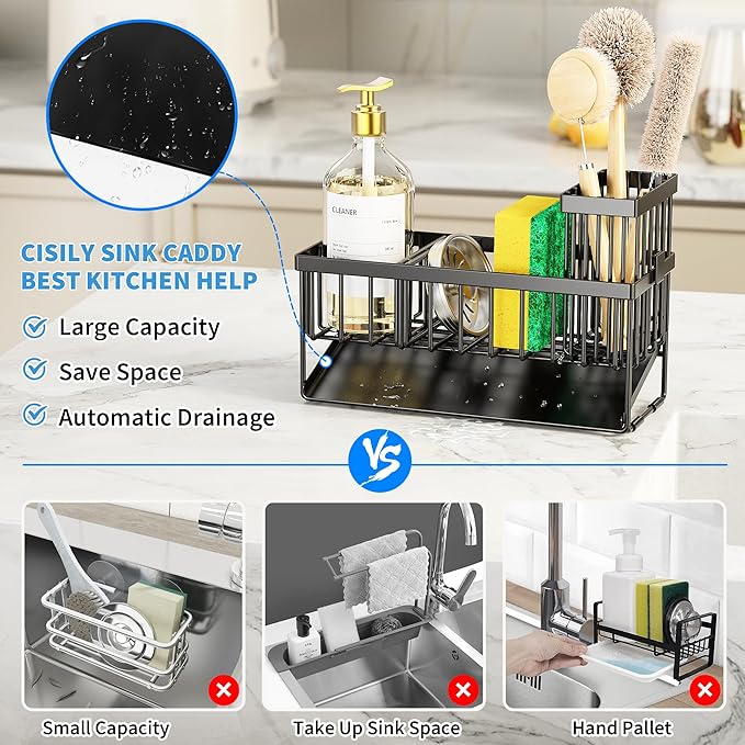 Cisily Sink Caddy Sponge Holder for Kitchen with Brush Holder and Stainless Steel Self Drain Tray, Rustproof Kitchen Sink Org