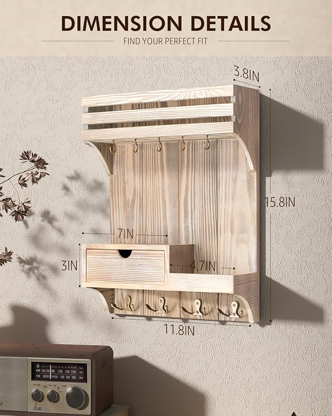 Rebee Vision Decorative Key Holder Wall Mount with Mini Drawer Organizer - Farmhouse Key Holder for Wall with Mail Organizer 