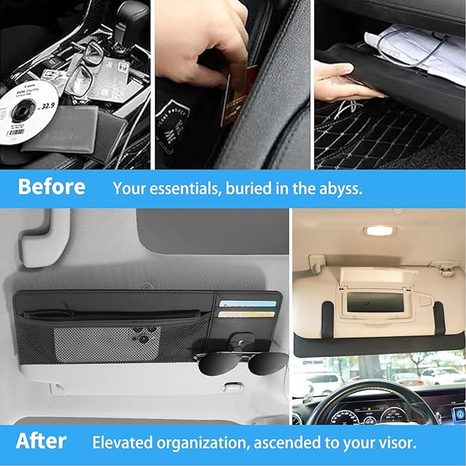 2 Packs Car Sun Visor Organizer with Pocket, Slim Leather Sun Visor Storage Pouch with Zipper, Mesh Pocket, Card Sleeves, Visor Sunglasses Holder for Cars, SUVs, Trucks, Sedan Universal Fit (Black)