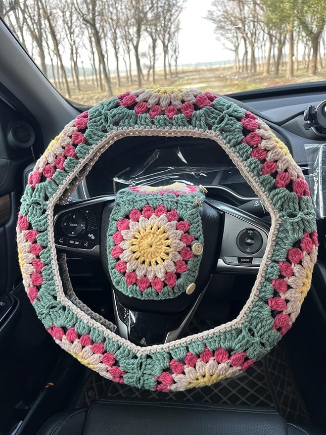 Crochet Sunflower Car Steering Wheel Covers Universal 14-15 inch for Women/Men (B:Wheel Cover+2 Belt Cover)
