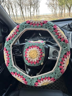 Crochet Sunflower Car Steering Wheel Covers Universal 14-15 inch for Women/Men (B:Wheel Cover+2 Belt Cover)