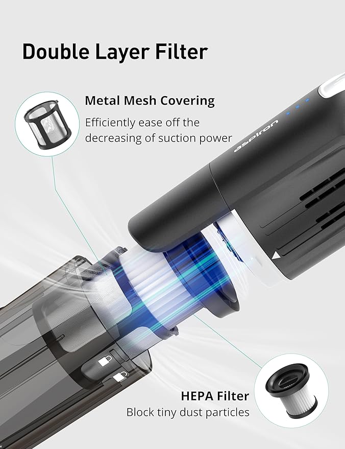 Aspiron Cordless Handheld Vacuum, 24KPA Powerful Car Vacuum, 2-Speed, 2 Charging Methods, Wireless Charger, Ergonomic Handle,