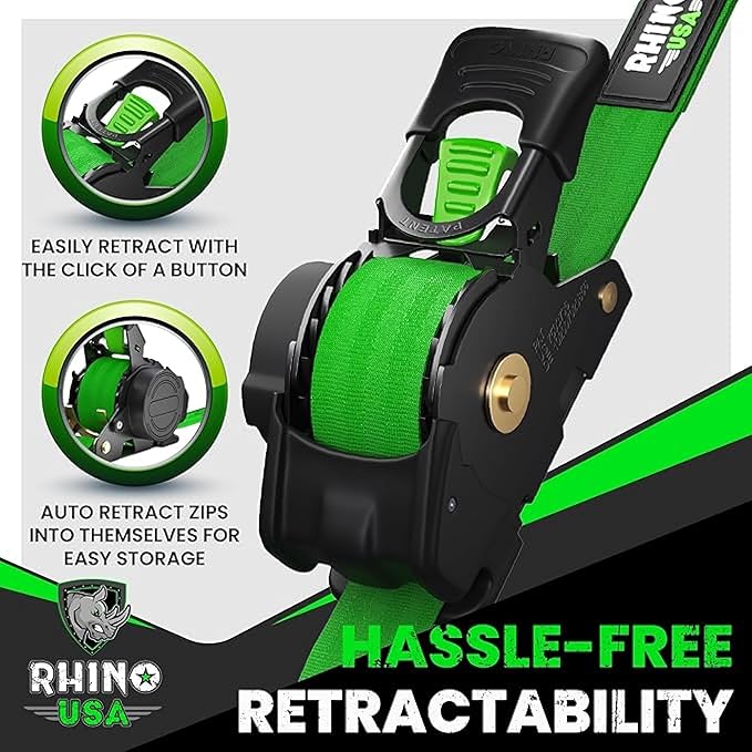Rhino USA Retractable Ratchet Straps (4-Pack) - 1 Inch x 10 Feet (1,209lb Break Strength) - Auto Self Retracting Tie Down Straps for Truck, Cargo Trailer, Motorcycle, ATV, UTV - Green