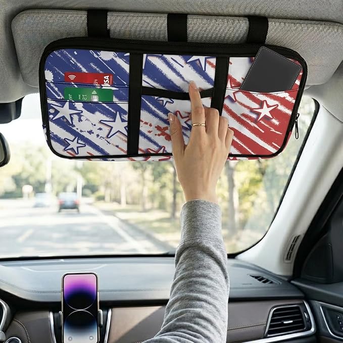 American Flag Style Tactical Sun Visor Organizer for Car and Truck,Card Sleeve Pocket with Multi-Pocket Zipper Adjustable Straps Patrol Car Storage