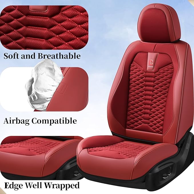 Coverado Car Seat Covers Full Set, Red Seat Covers for Cars 5 Seats, Breathable Fabric& Faux Leather Car Seat Cushions, Front