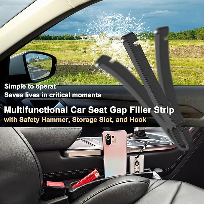 Car Seat Gap Filler Organizer 2 Pack with Hook & Emergency Window Breaker, 3-in-1 Safety Seat Gap Filler Prevents Phone Keys from Falling, Dual Storage, Includes 2 Sunglass Holders (Black)