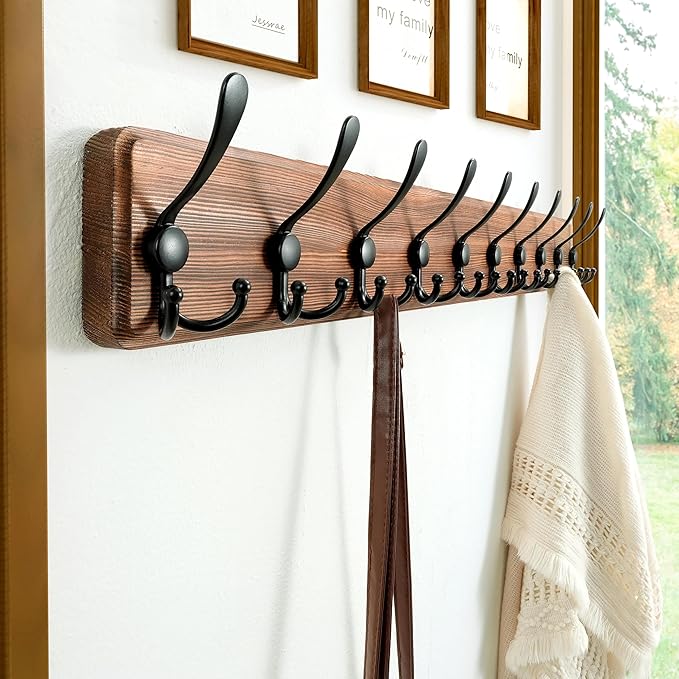 Dseap Coat Rack Wall - Heavy-Duty 38-1/4" Long, with Reinforced 10 Custom Tri-Hooks, Solid Wood Wall Hanger for Coats Hat Jac