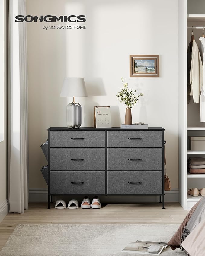 SONGMICS 6-Drawer Dresser for Bedroom, Chest of Drawers with Side Pockets, Drawer Dividers, Fabric Storage Organizer for Clos