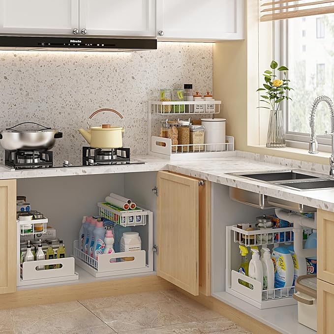 REALINN Under Sink Organizer, Pull Out Cabinet Organizer 2 Tier Slide Out Sink Shelf Cabinet Storage Shelves, Under Sink Stor
