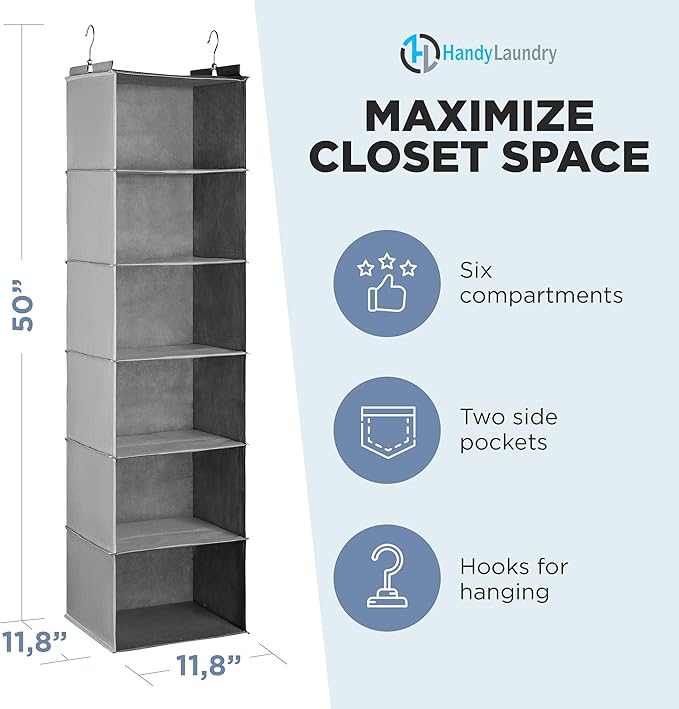 Handy Laundry Hanging Closet Organizer - 6 Shelf Storage for Clothes, Sweaters, Shoes & Accessories - Space-Saving Wardrobe S