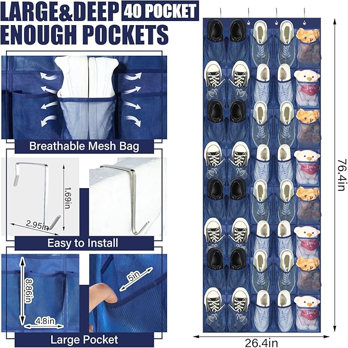 Windyun 40 Large Over the Door Hanging Shoe Organizer Navy Blue Mesh Pockets Shoe Rack for Closet Behind Door Hanger Storage 