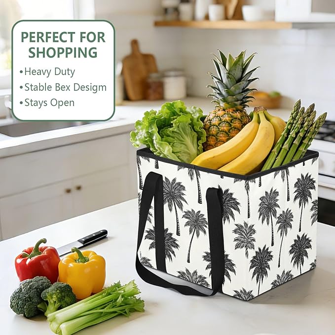 Summer Palm Trees Reusable Grocery Bags Large Shopping Tote Bag with Reinforced Bottom Board, Water Resistant Foldable Storag