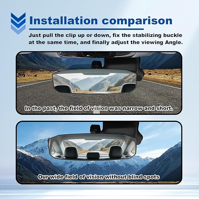 12''x3.5'' Large Rear View Mirror, Clip-on Large Wide Angle Panoramic Convex Rearview Mirrors, Anti Glare HD Clear Tint Interior Panoramic Wide Angle Rear View Mirror for Car SUV Trucks